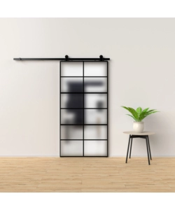 Porta scorrevole in alluminio nero e 12 sezioni in vetro satinato 96x220 cm